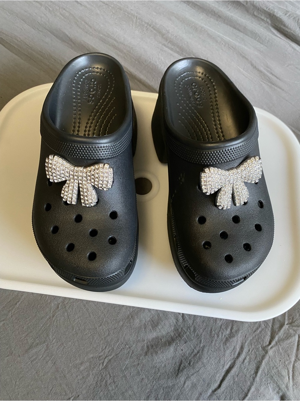 CROCS Black Platform Siren Clogs with Rhinestone Bow